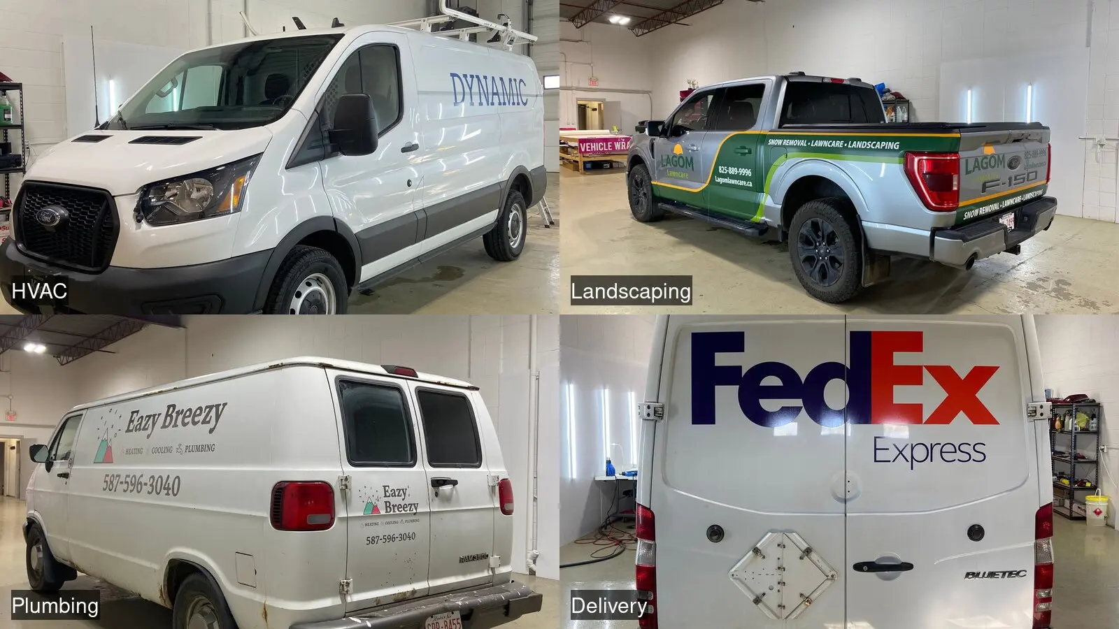 Four Choice Graphics fleet jobs side by side: an HVAC service van, a landscaping pickup, a plumbing van, and a delivery van, each in its own brand