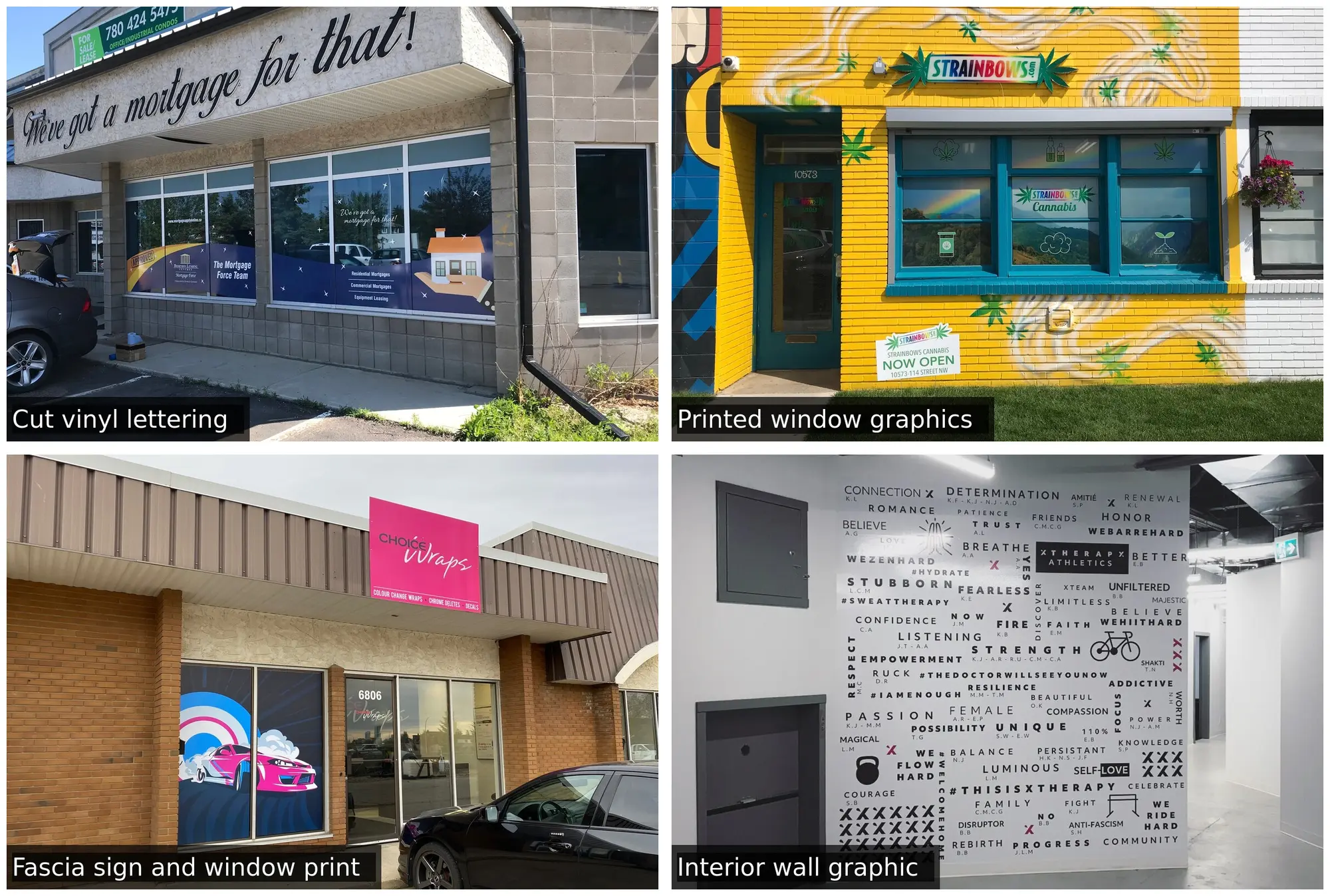 Four Choice Graphics sign installs side by side: cut vinyl script lettering and printed window graphics on a mortgage broker's storefront, printed window graphics on a retail shop front, the pink fascia sign and printed window graphic at the Choice Wraps shop, and a typographic wall graphic inside XTherapy Athletics
