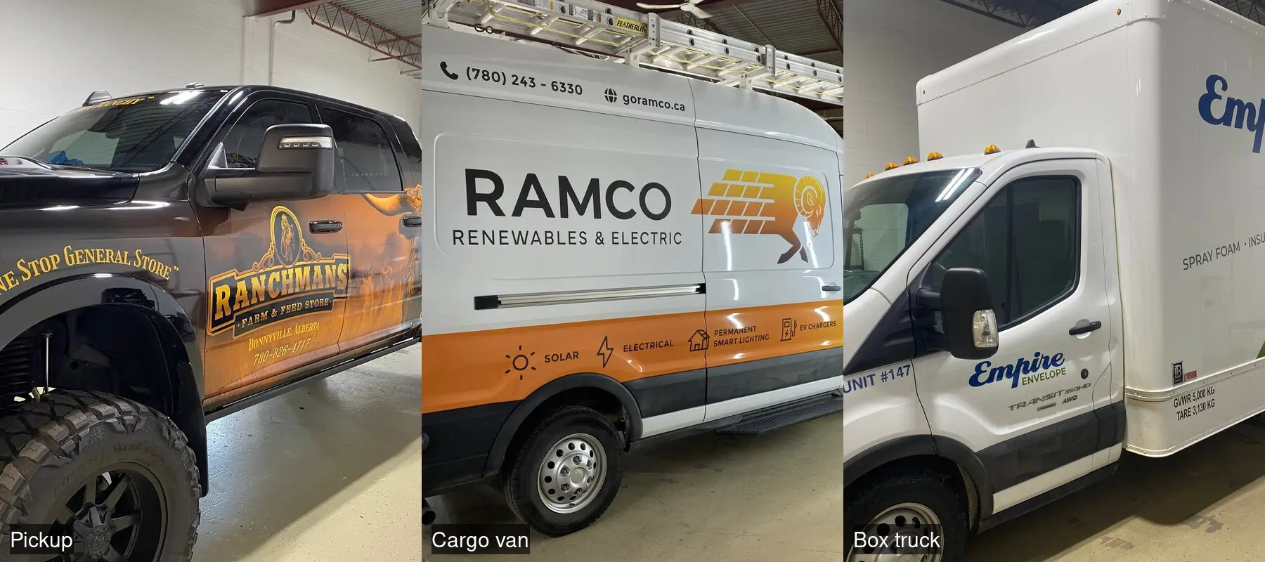 Three vehicle classes Choice Graphics wraps, side by side: a printed full wrap on a lifted pickup, a partial wrap on a cargo van, and branded graphics on a box truck