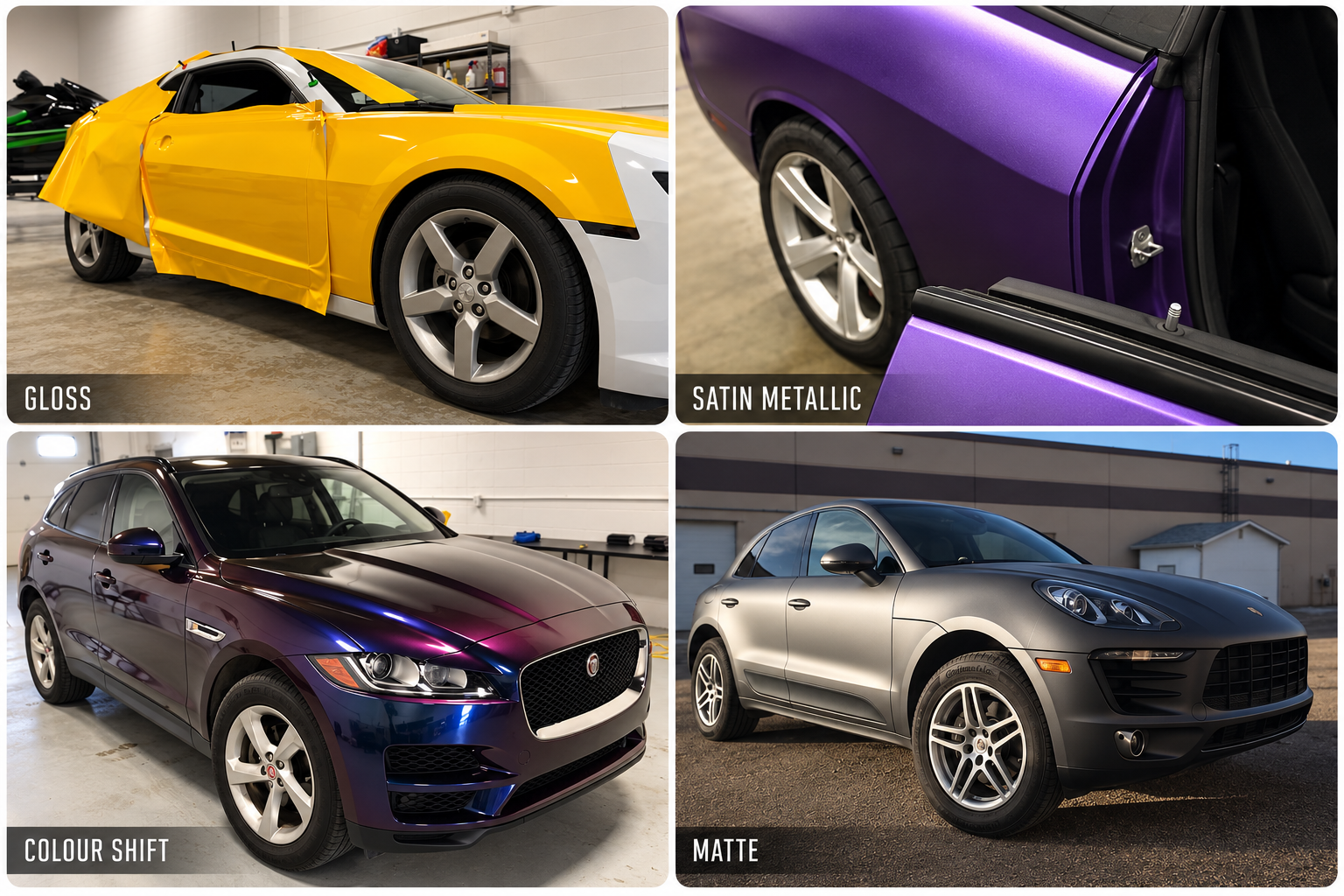 Four finish tiers side by side: a gloss yellow and white wrap in progress, a satin metallic purple door detail, a colour-shift purple-to-blue SUV, and a matte grey Porsche Macan