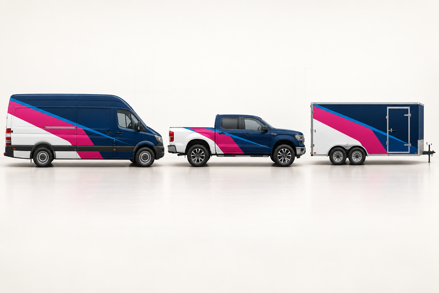 Design proof of a cargo van, pickup truck, and enclosed trailer in a row, each wearing the same navy, white, and pink diagonal-stripe fleet wrap