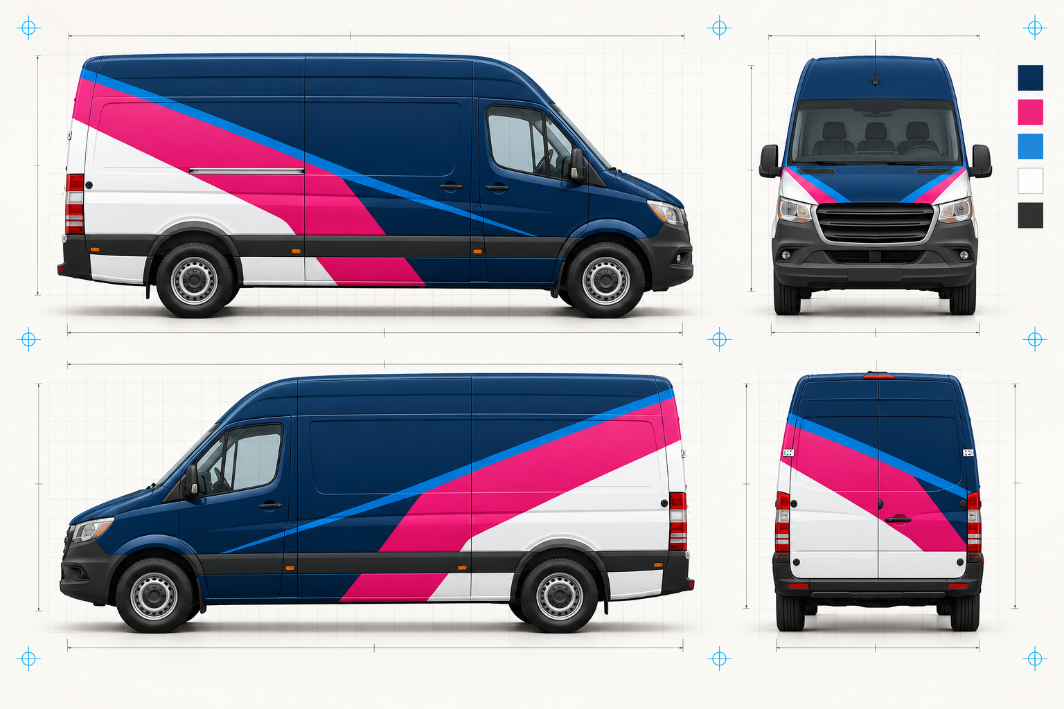 Cargo van wrap proof sheet showing side, front, rear, and three-quarter views of a navy, white, and pink diagonal-stripe wrap design with a colour swatch legend